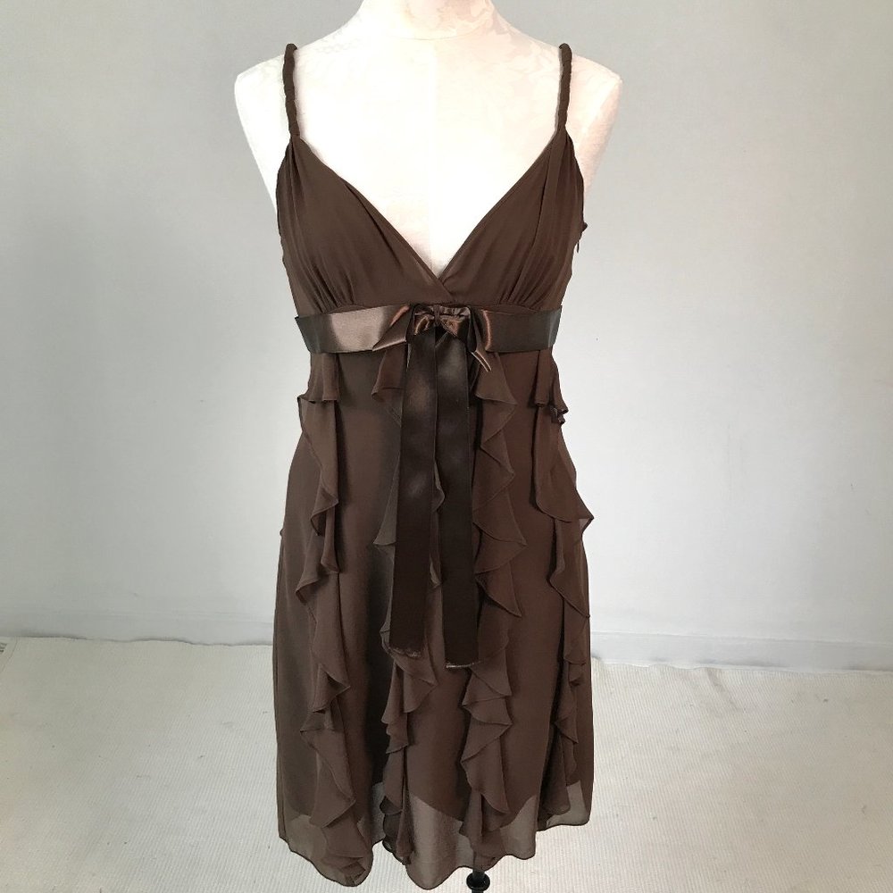 BCBGMaxAzria 6 Silk Ruffle Babydoll Dress Brown